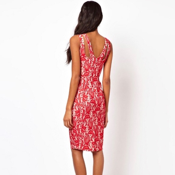 ASOS Pencil Lace Dress V-neck | Red | Size 6 - Picture 2 of 8